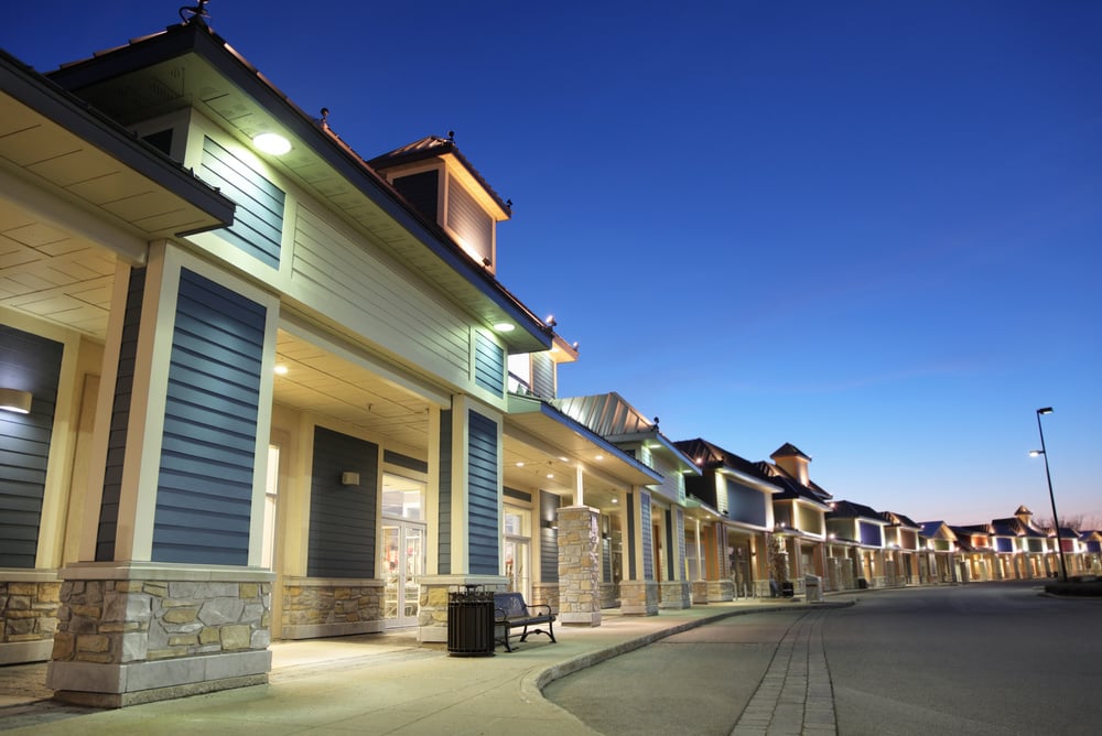 Retail Store Building Exteriors at Sunset